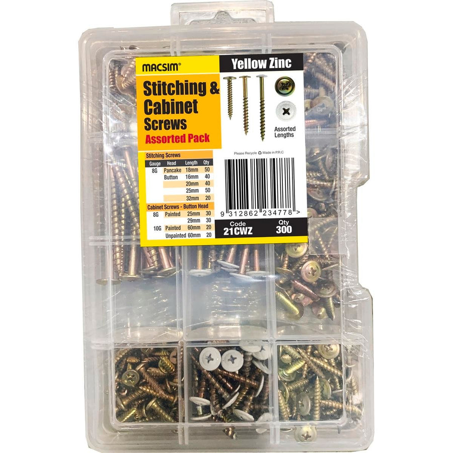 Macsim 300 Piece Assorted Yellow Zinc Stitching Cabinet Screws - 8G x 18mm to 32mm - SuperSaverAU - view 1