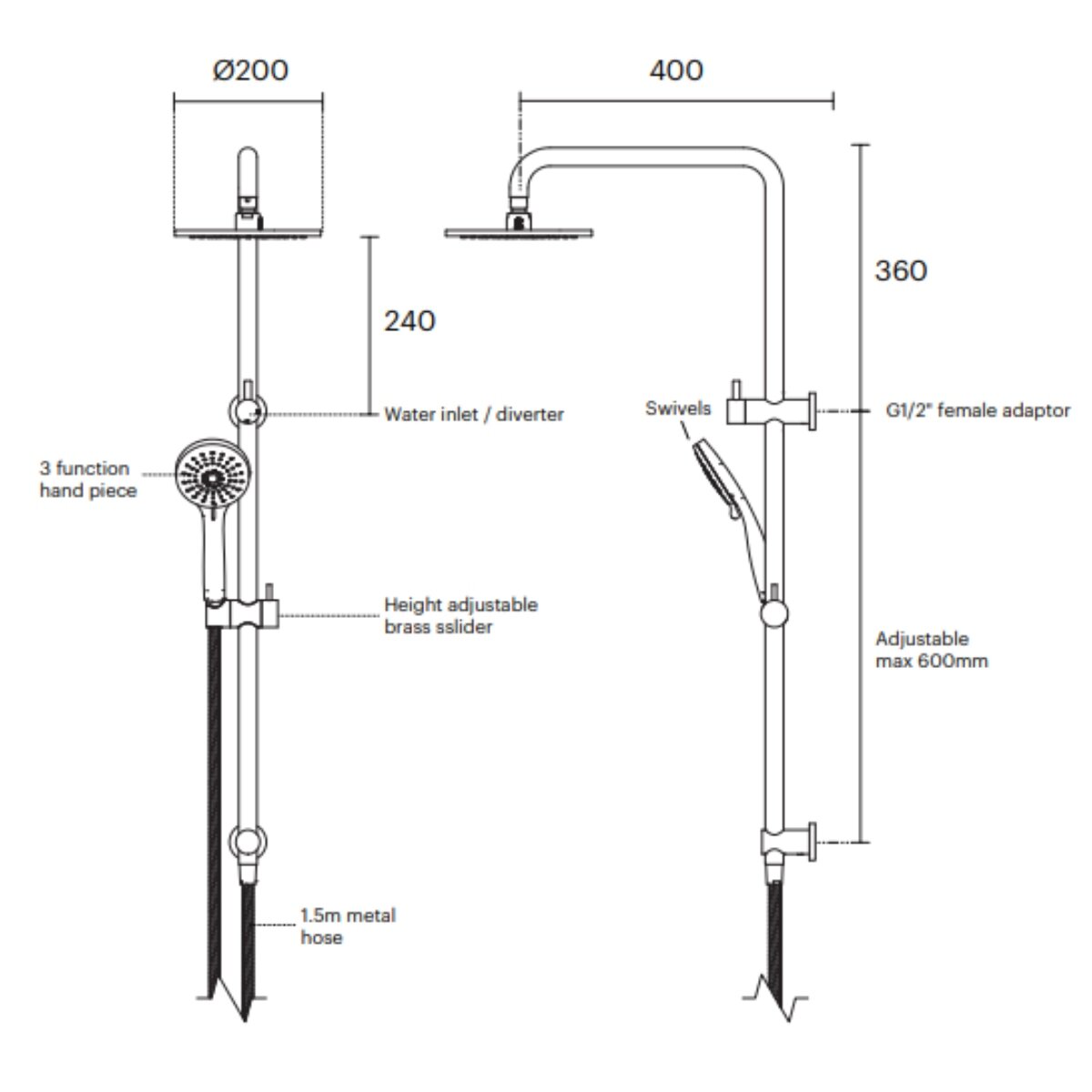 Rogerseller Tonic Dual Rail Shower - Brushed Nickel Brass Build - 2-Way Diverter, 3 Star Rating - 3506003707