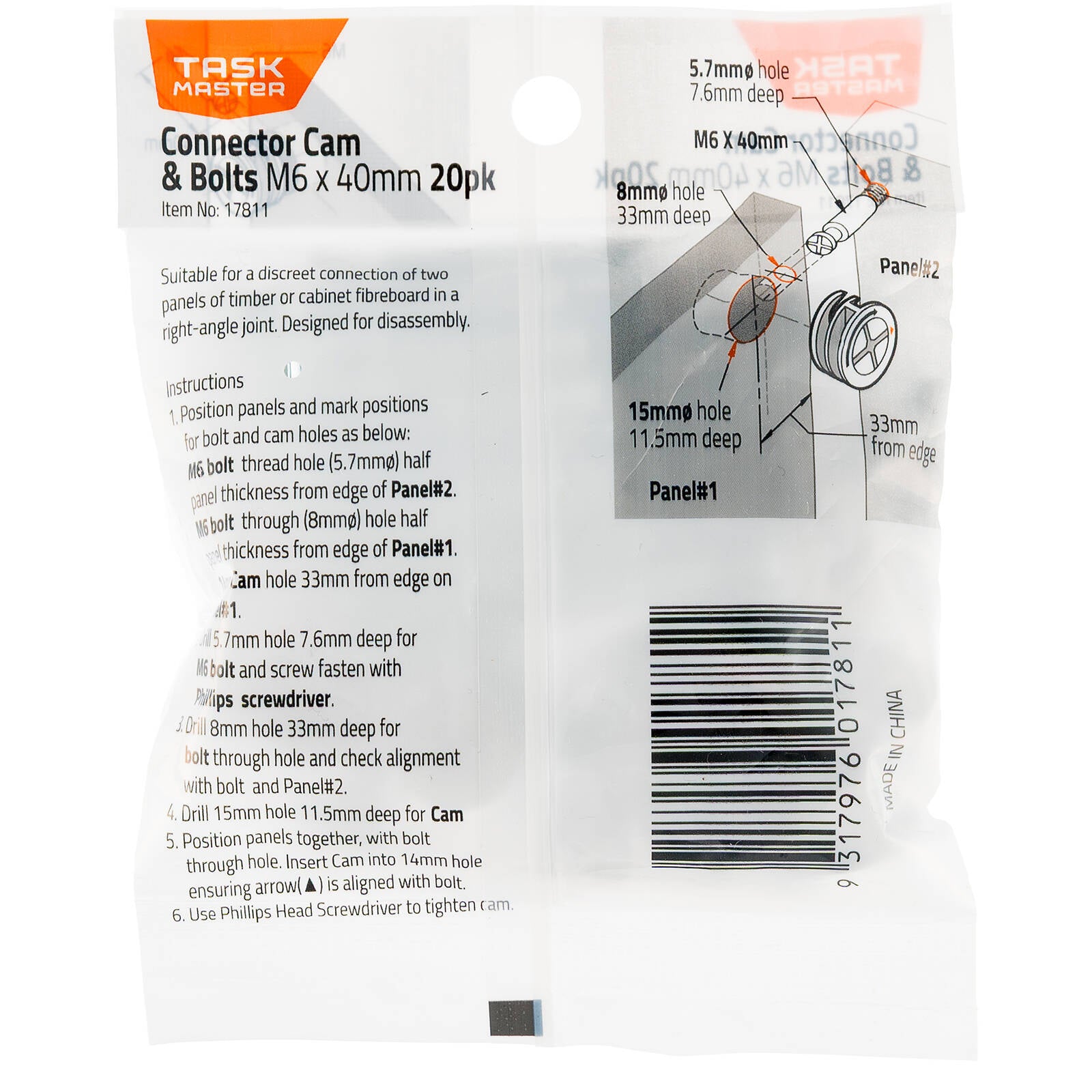 Taskmaster M6 x 40mm Connector Cam & Bolts - 20 Pack Nickel Plated
