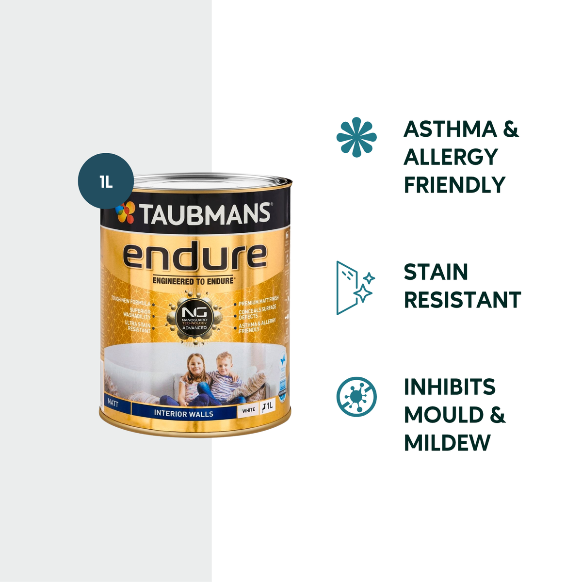 Taubmans 1L White Matt Endure Interior Walls Paint - Water Based - Stain Resistant - Quick Dry - SuperSaverAU - view 2