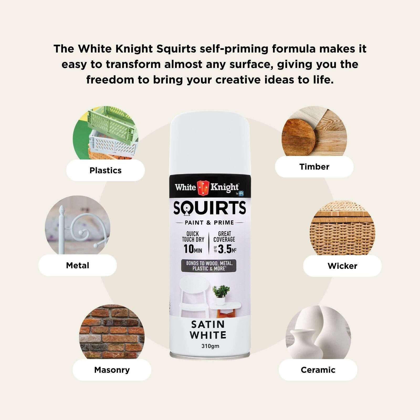 White Knight Squirts White Satin Spray Paint 310g - Solvent-Based Paint & Primer, Waterproof