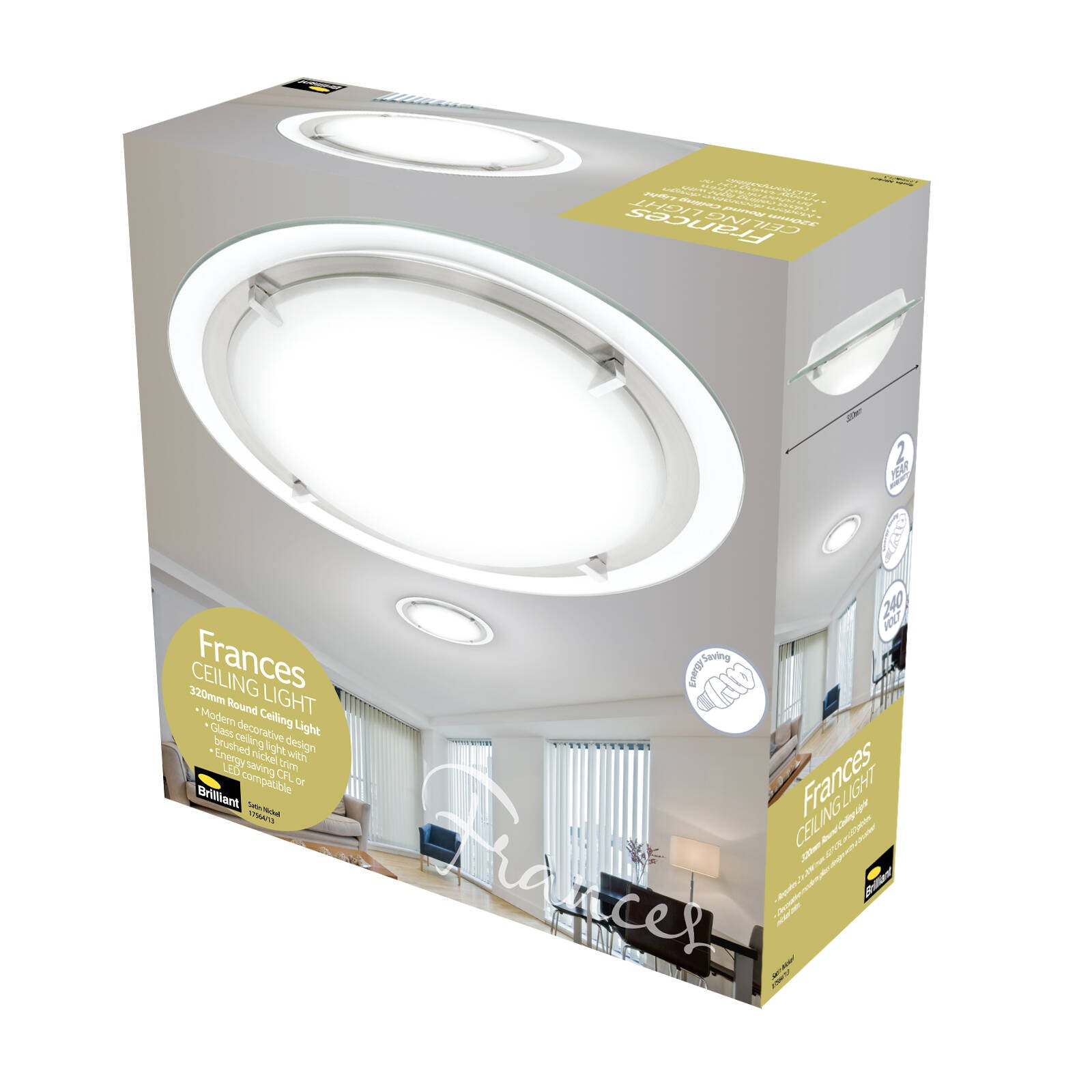 Brilliant Lighting Frances 32cm Satin Nickel Glass Round Ceiling Light 2xE27 240V 17564/13