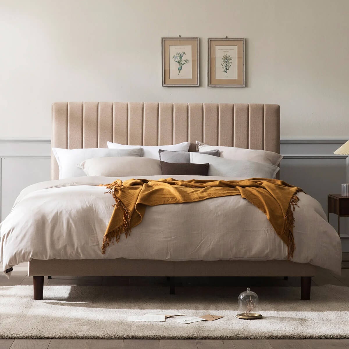 Zinus Double Upholstered Fabric Bed Base - Beige, Tall Headboard, No Box Spring Needed - AU-FHVP-D