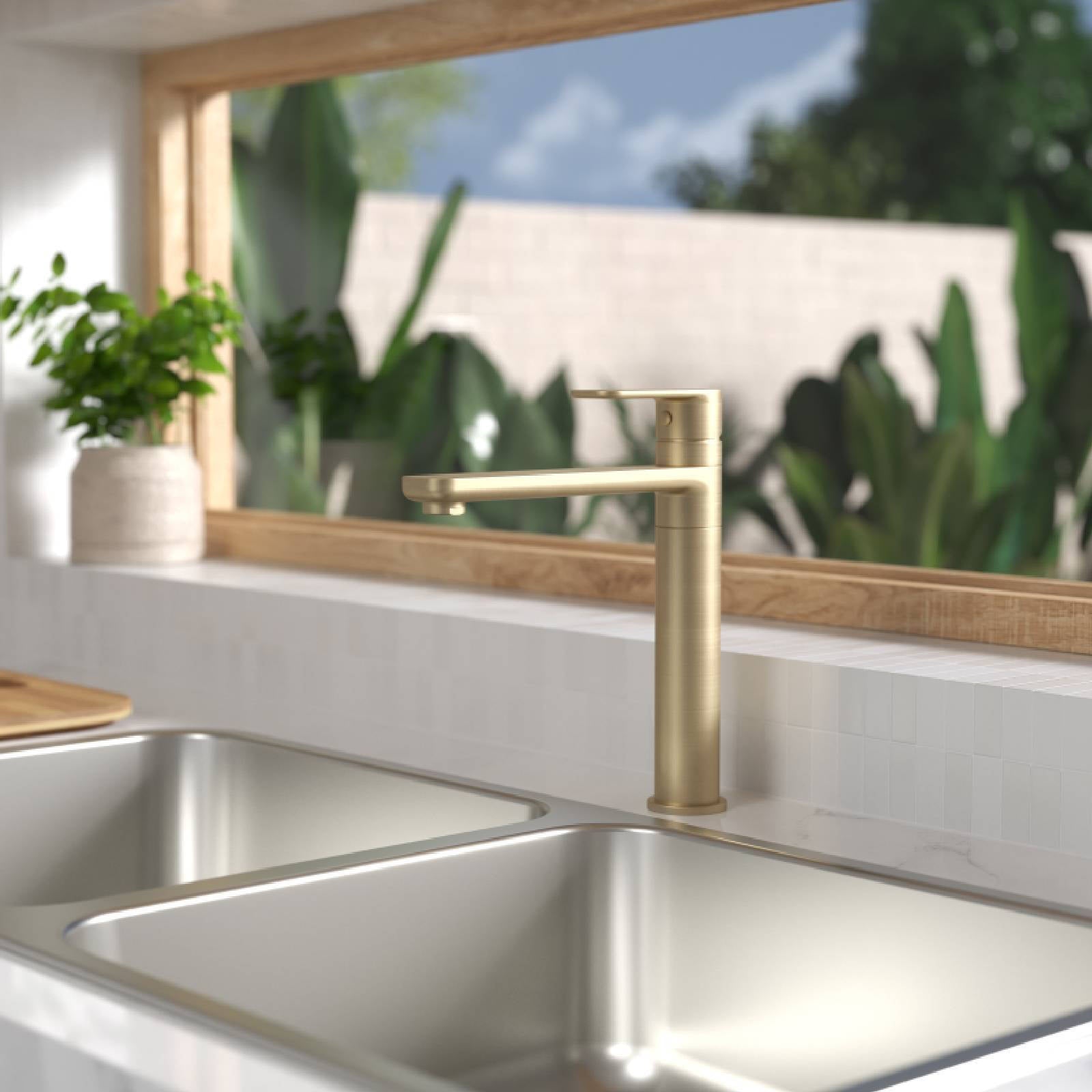 Caroma Luna Lead Free Sink Mixer Brushed Brass, 7.5L/min 4 Star, 195mm Spout Reach Paddle Handle