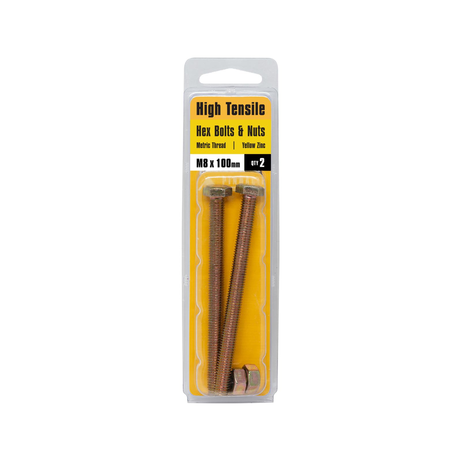 Pinnacle M8 x 100mm Hi-Tensile Hex Bolt and Nut - Yellow Zinc, 2 Pack