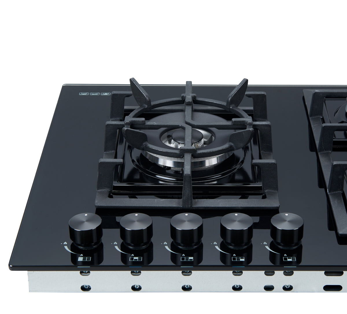 Trinity 90cm 5 Burner Gas Cooktop - Black Tempered Glass - Wok Burner - Cast Iron Trivets - TRG900BK
