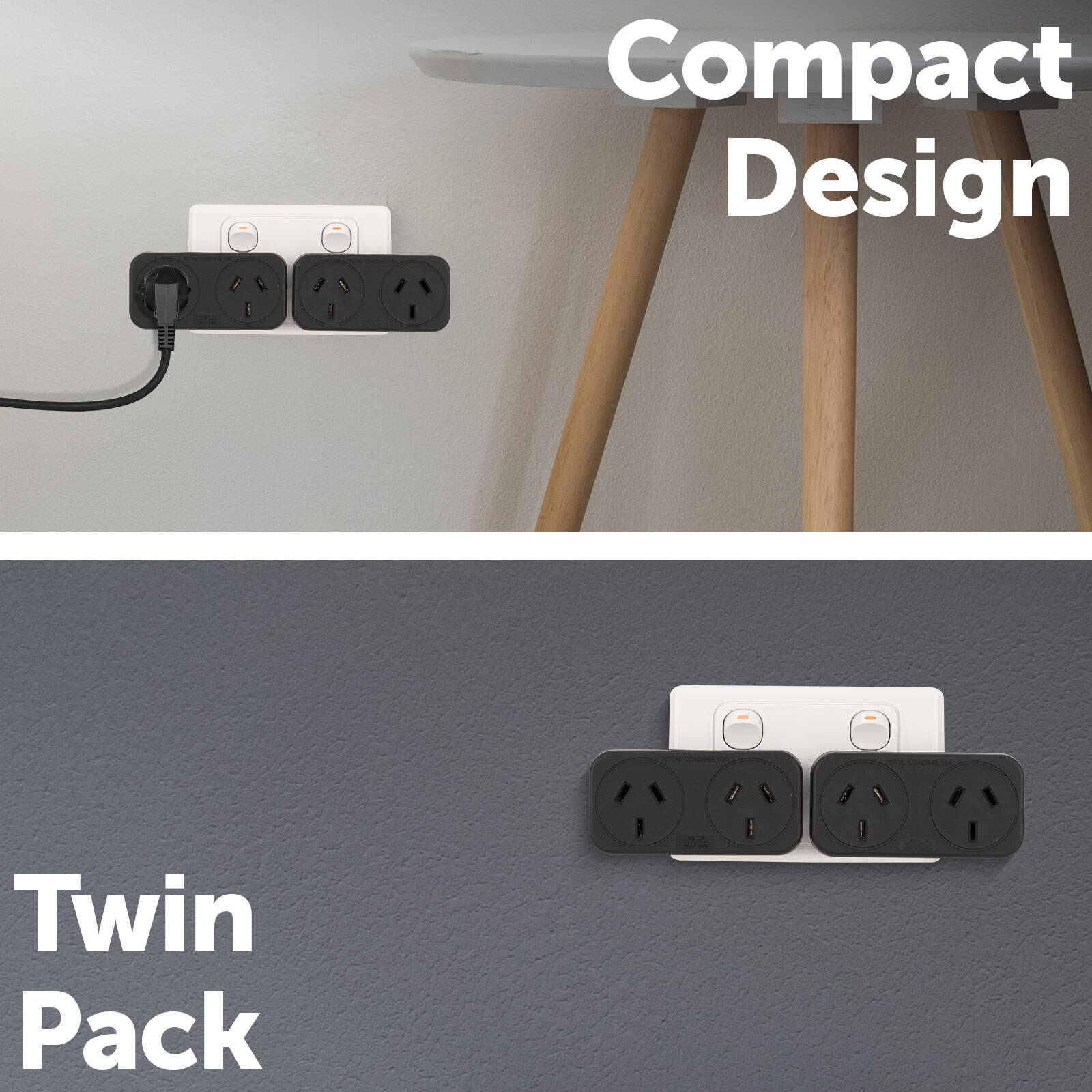 Click Black Polycarbonate Right & Left Hand Double Adaptor, Twin Pack