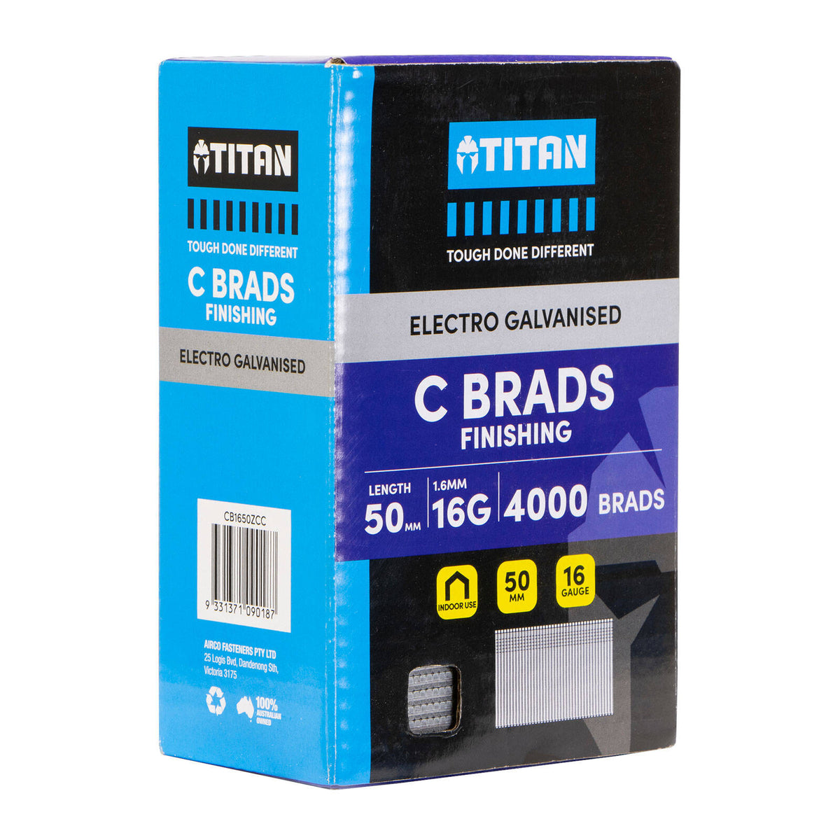 Titan 50 x 1.6mm 16 Gauge Electro Galvanised Straight Collated C Brads - 4000 Pack