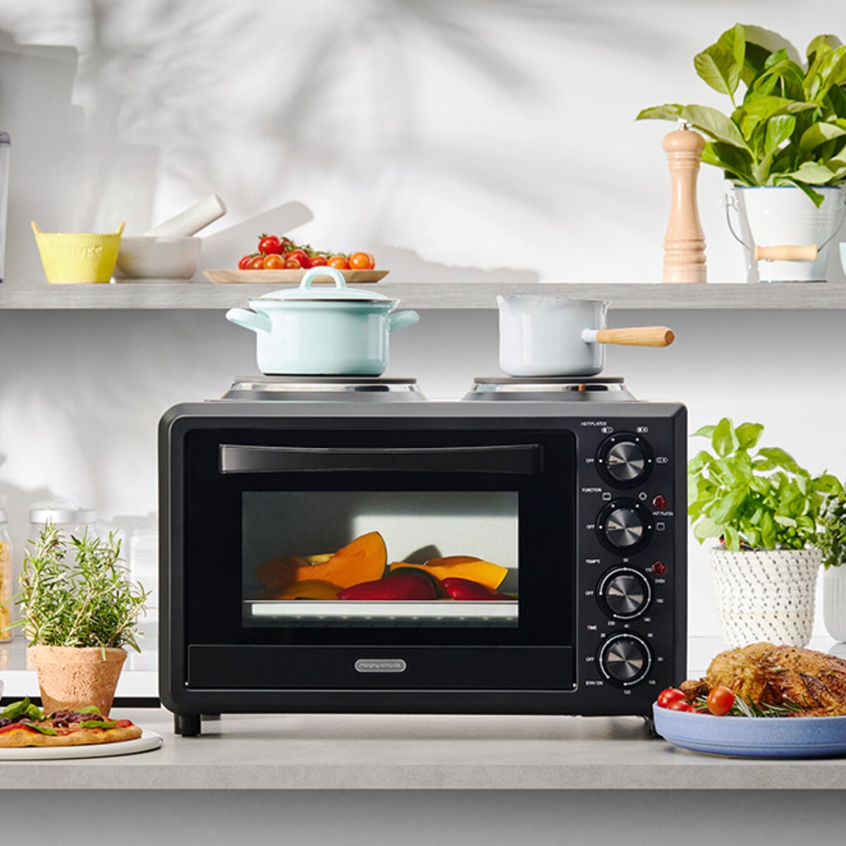 Morphy Richards 32L Benchtop Convection Oven with Two Hot Plates - Matte Black, 120 Minute Timer - MRBO32BLK2