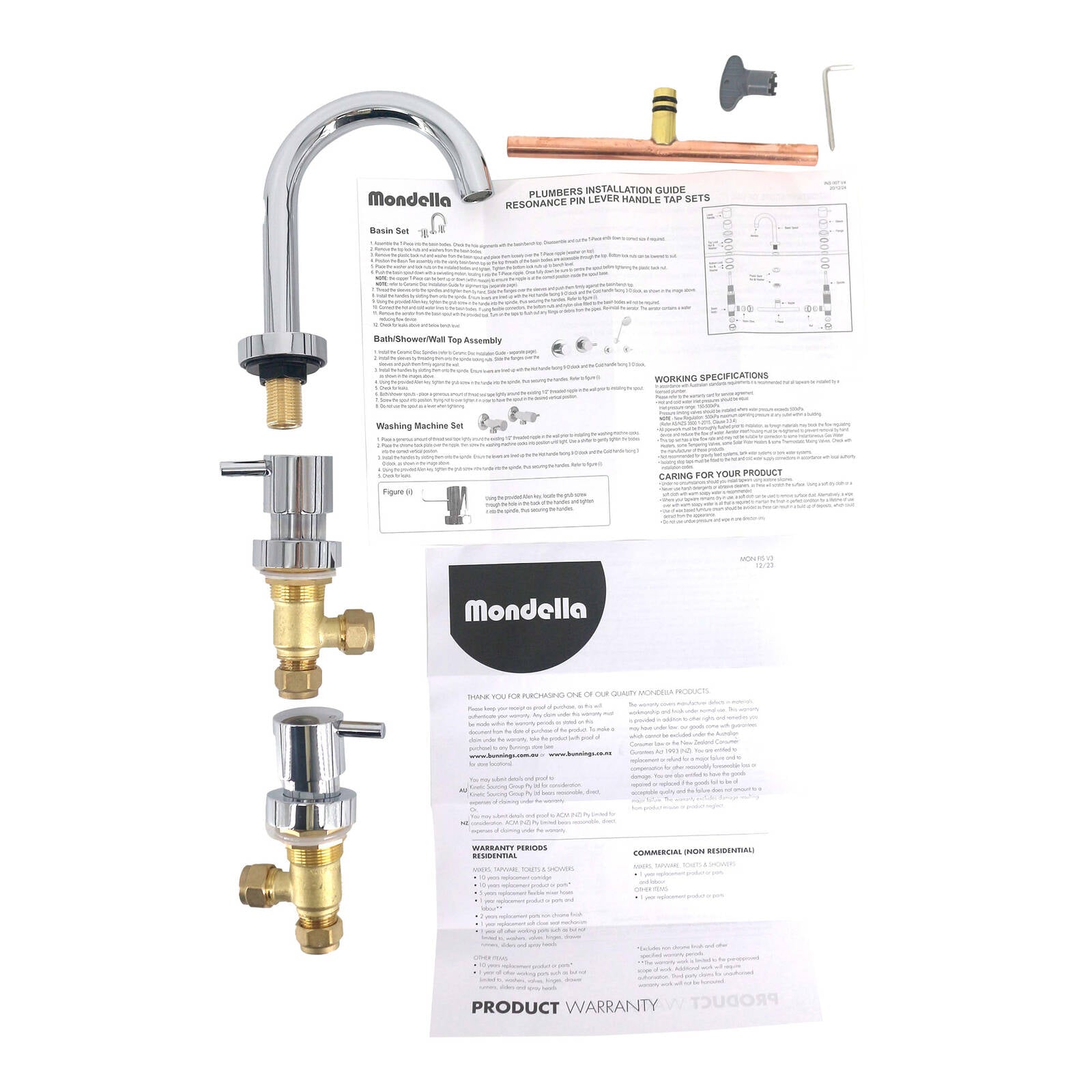 Mondella Resonance Chrome 1/4 Turn Pin Lever Basin Set WELS 4 Star 7.5L/min Stainless Steel