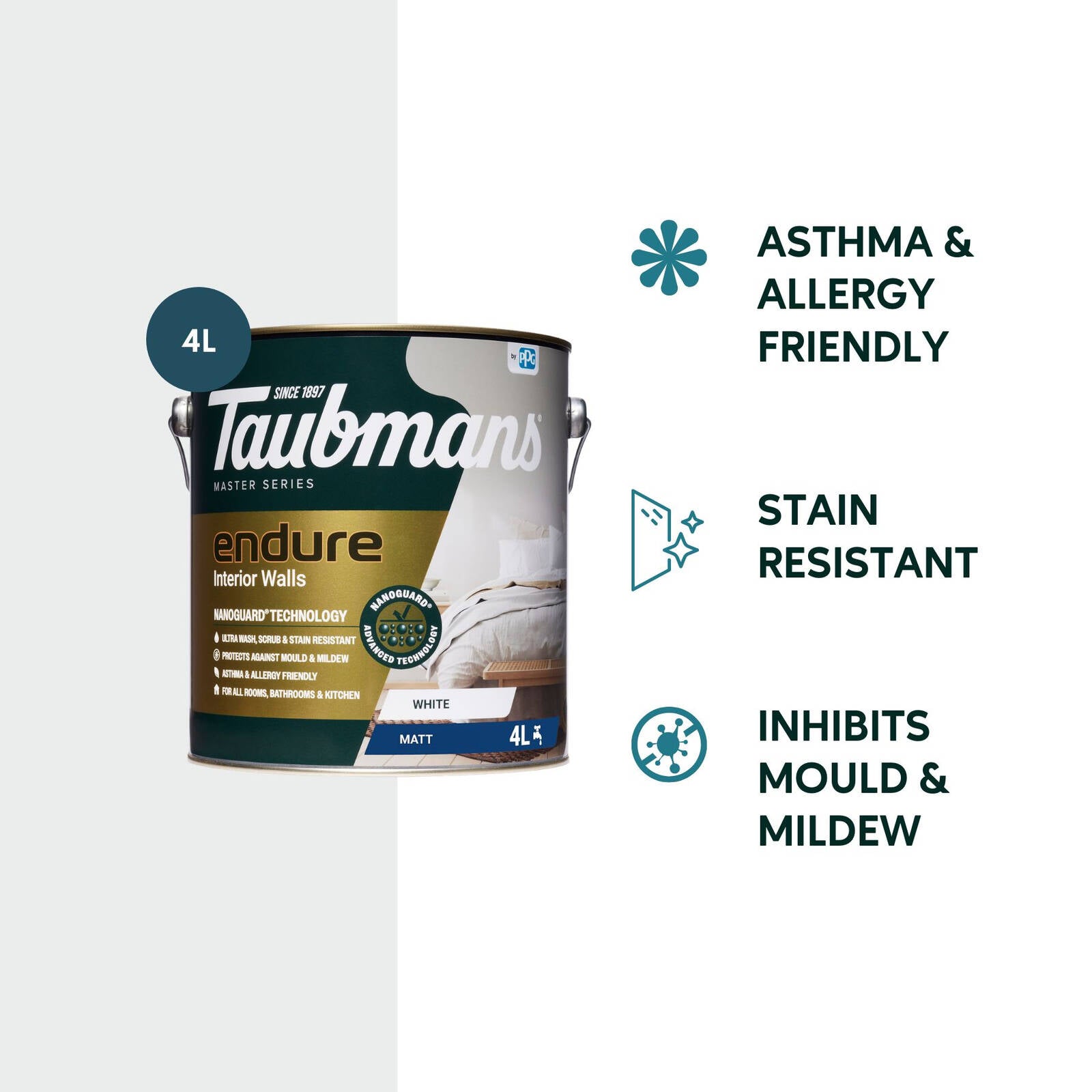 TAUBMANS Endure 4L White Matt Interior Walls Paint Water Based UV Resistant