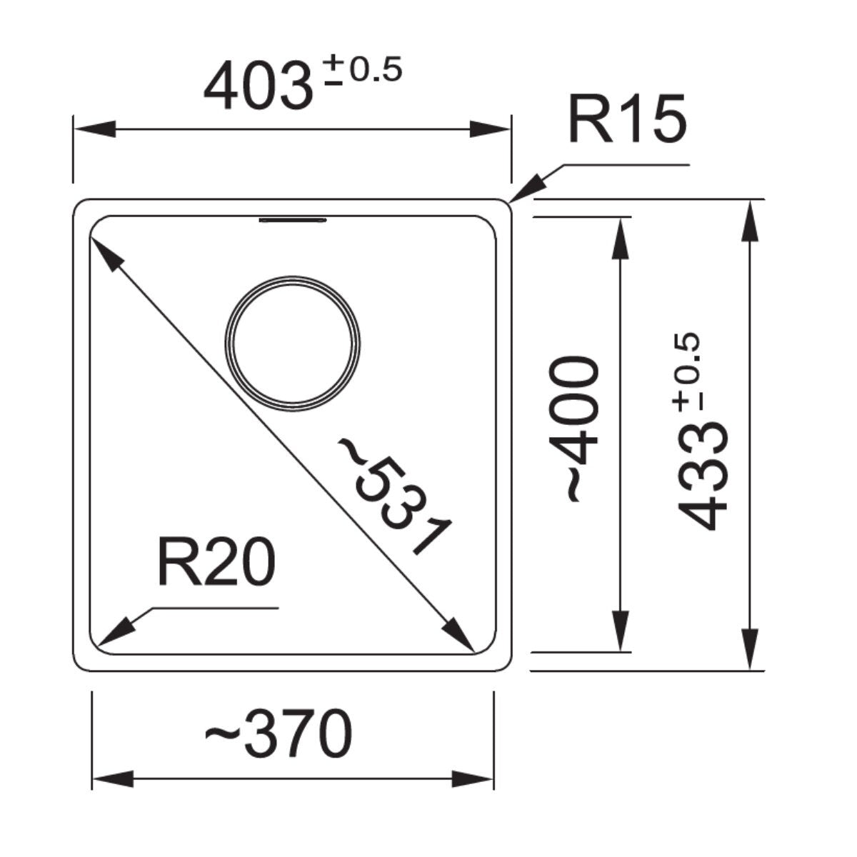 Franke Maris 370mm Single Bowl Flush Mount Sink - Onyx, Extension Drainer - MRG210-37ON-FPC