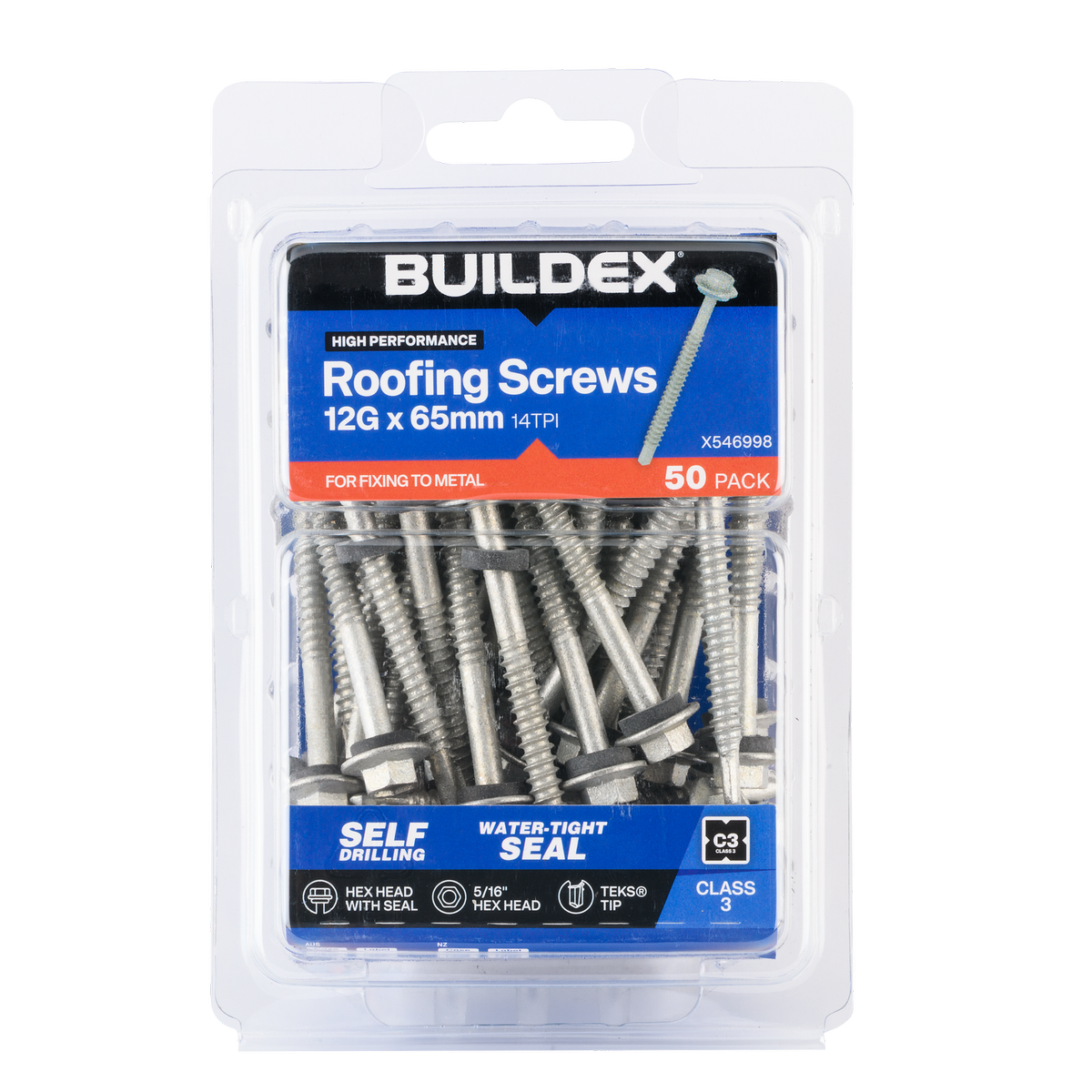 Buildex Roofing Teks Screws - 12g x 65mm - 50 Pack - Class 3 Corrosion Protection - SuperSaverAU - view 1
