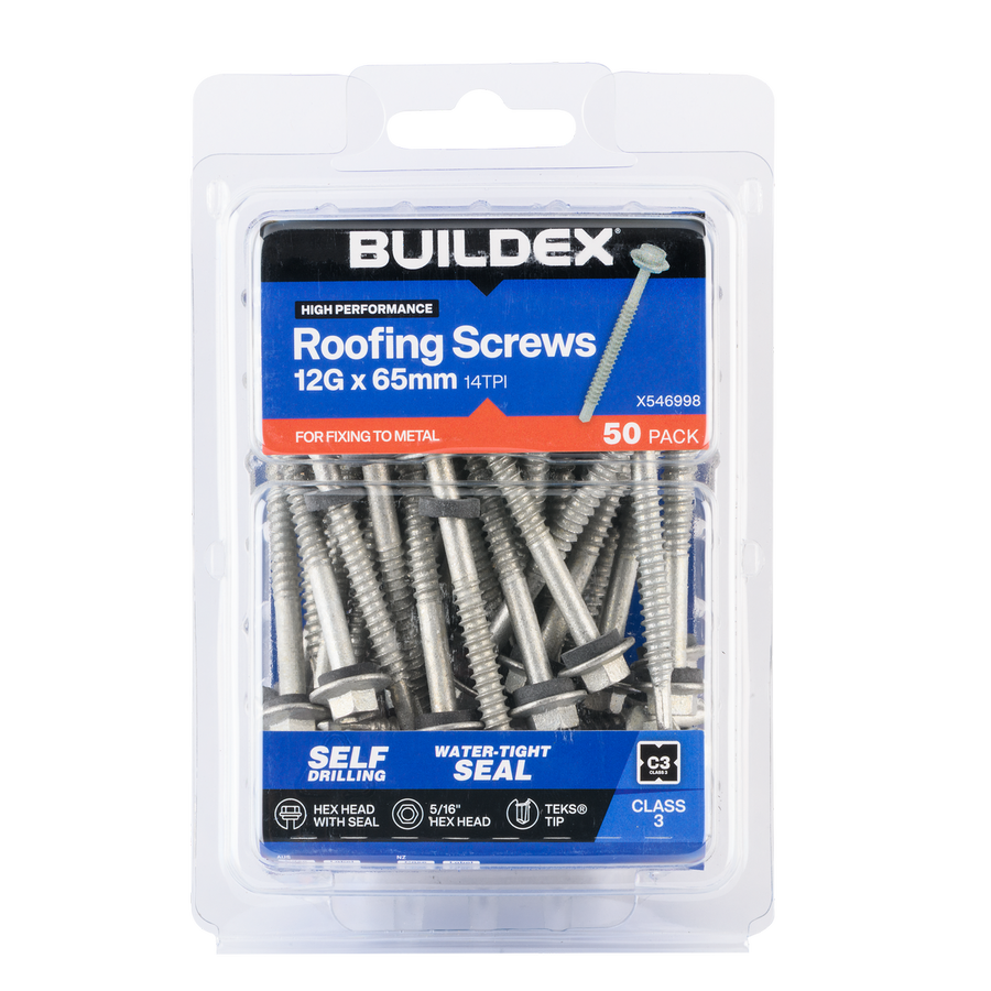 Buildex Roofing Teks Screws - 12g x 65mm - 50 Pack - Class 3 Corrosion Protection - SuperSaverAU - view 1