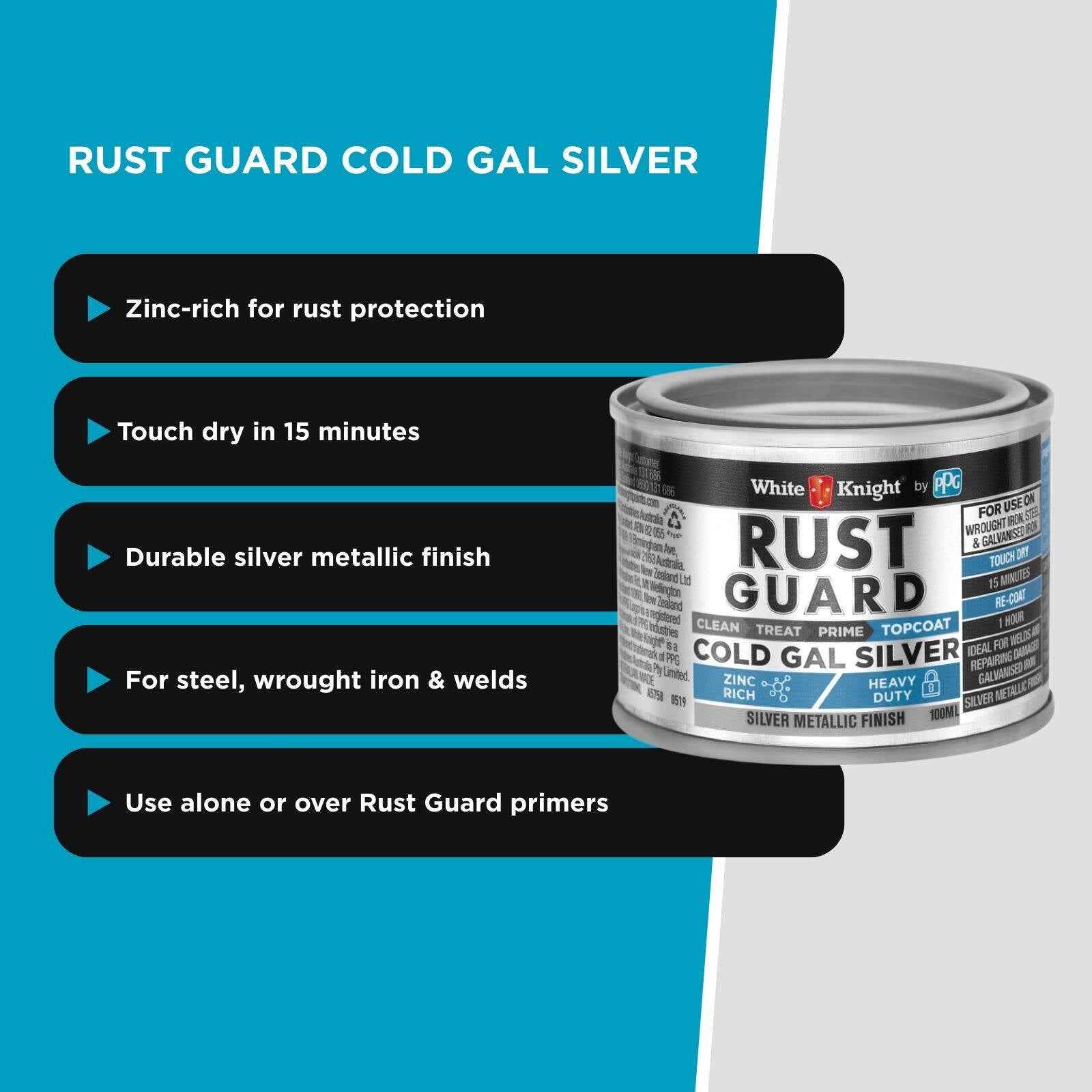 White Knight Rust Guard 100ml Cold Gal Silver Primer Paint