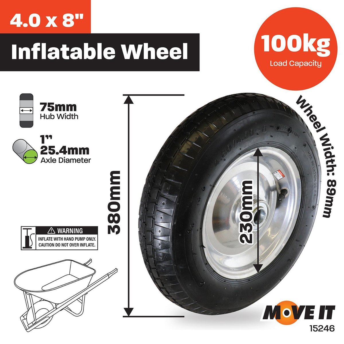 Move It Pneumatic Wheel - 400mm x 8 - Rubber/Steel - 1'' Axle Diameter - SuperSaverAU - view 2