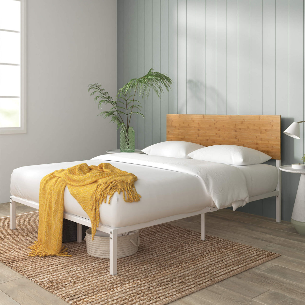 Zinus Double Metal and Bamboo Bed Frame - White, Adjustable Headboard, No Box Spring Needed - AU-FBOBH2-39D