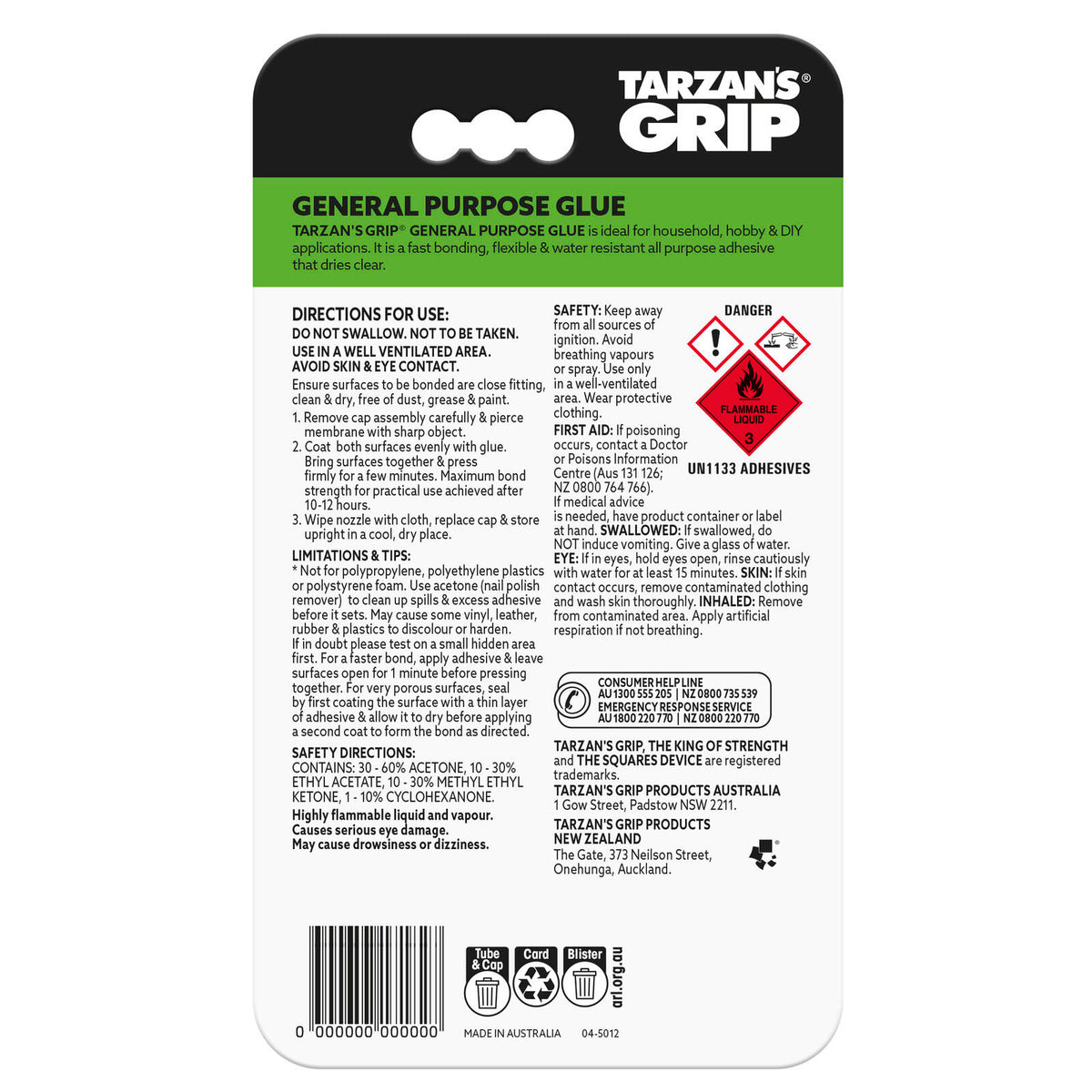 Tarzan's Grip General Purpose Glue 30ml - Clear-Drying, Moisture Resistant Multi-Surface Adhesive