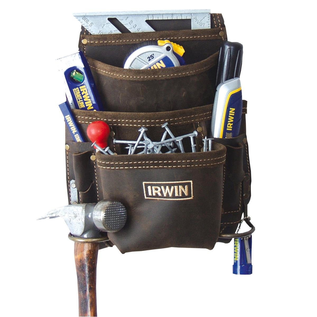 Irwin 10 Pocket Leather Nail and Tool Bag - Brown - Durable - Weather Resistant - SuperSaverAU - view 1