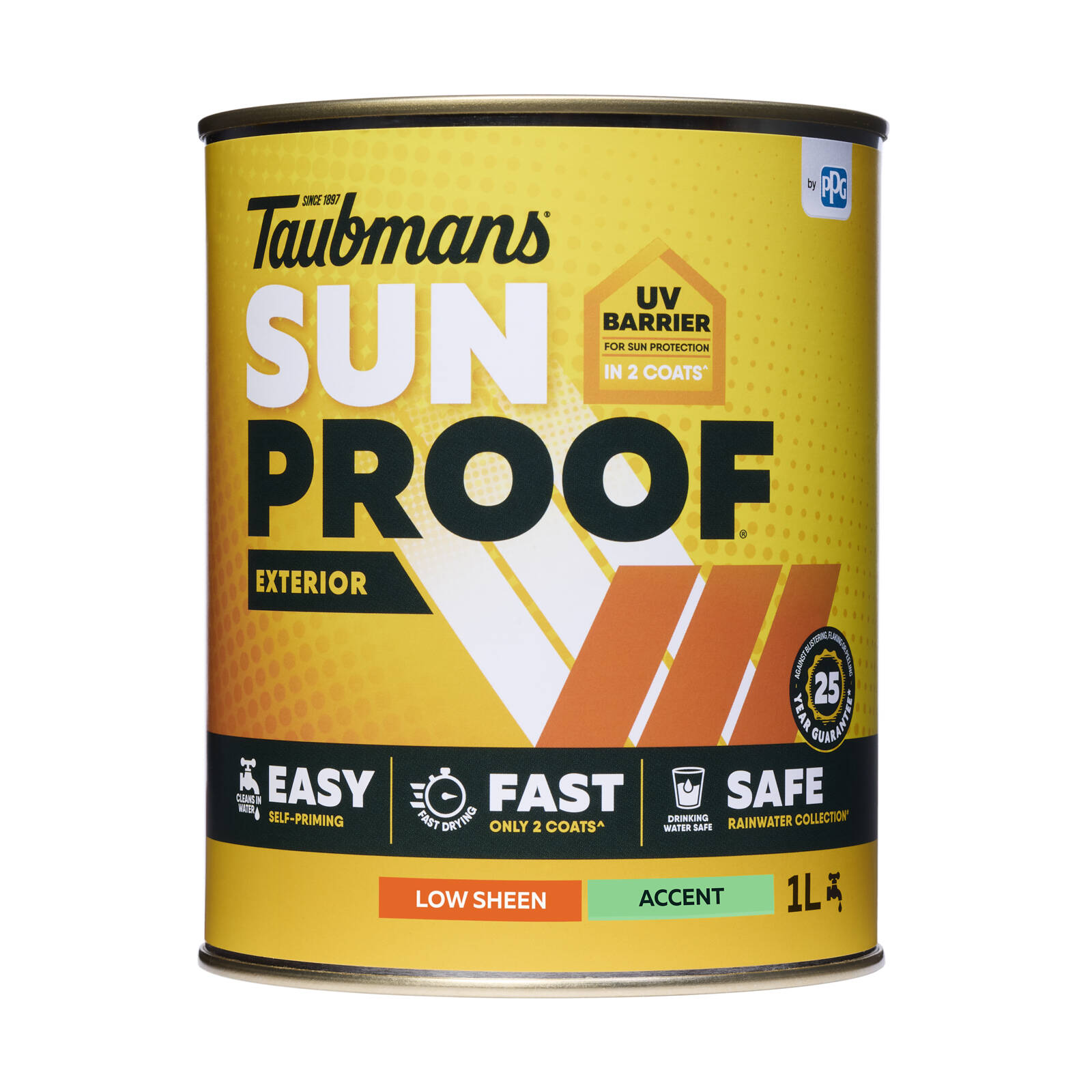 Taubmans Sunproof 1L Accent Low Sheen Exterior Paint - UV Resistant, 16m2/L, Tintable
