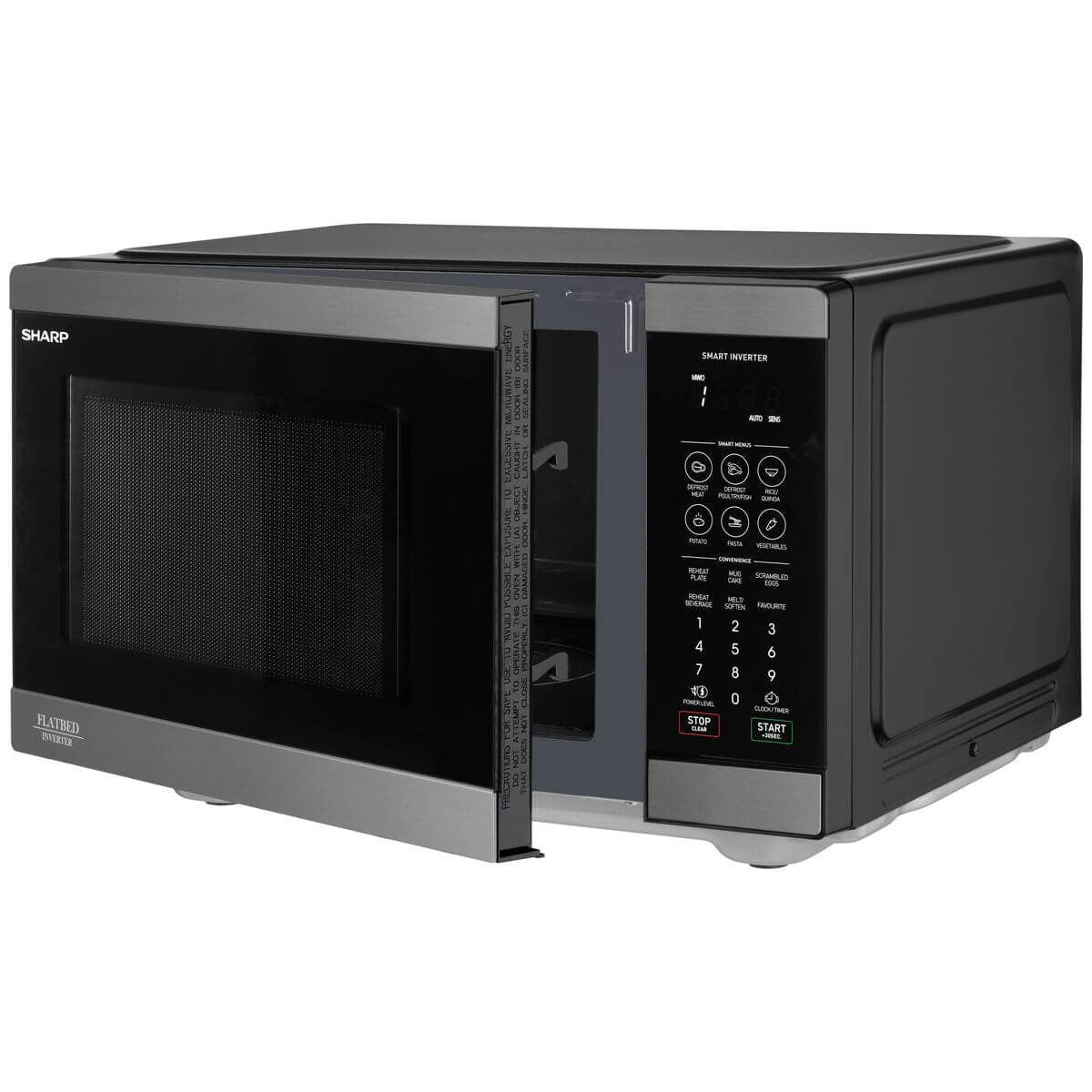 Sharp 26L 900W Flatbed Inverter Microwave - Black Steel, 23 Auto Menus, Defrost by Weight - SM267FHBS