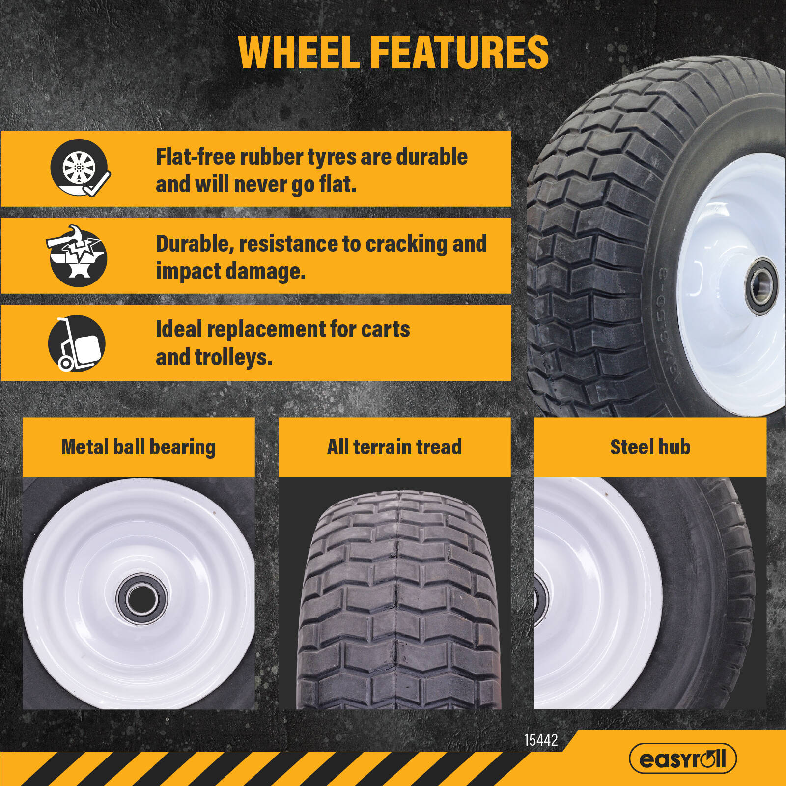Easyroll 6.5 x 8" Flat Free Puncture Proof Wheelbarrow Wheel, 1" Axle, PU Foam Steel, 150kg