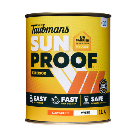 Taubmans Sunproof 1L White Low Sheen Exterior Paint - UV Resistant, 16m2/L, Tintable