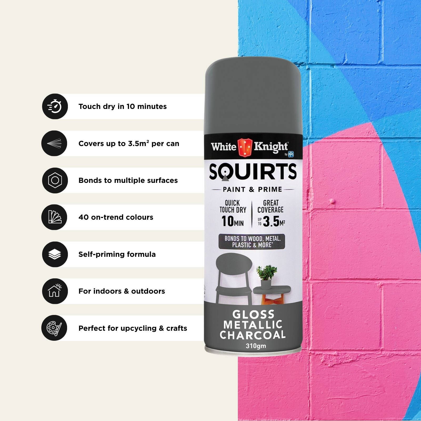White Knight Squirts Metallic Charcoal Gloss Spray Paint 310g - Solvent-Based, UV Resistant