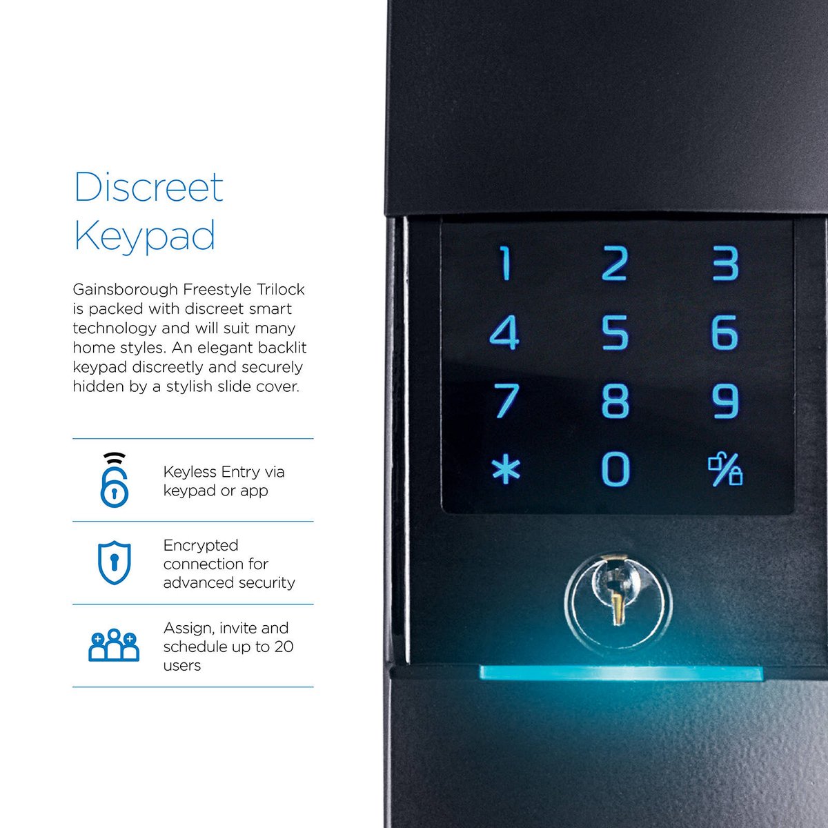 Gainsborough Freestyle Wifi Smart Lock Trilock - Matte Black - 68mm x 238mm - Concealed Keypad - App Control