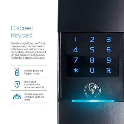 Gainsborough Freestyle Wifi Smart Lock Trilock - Matte Black - 68mm x 238mm - Concealed Keypad - App Control