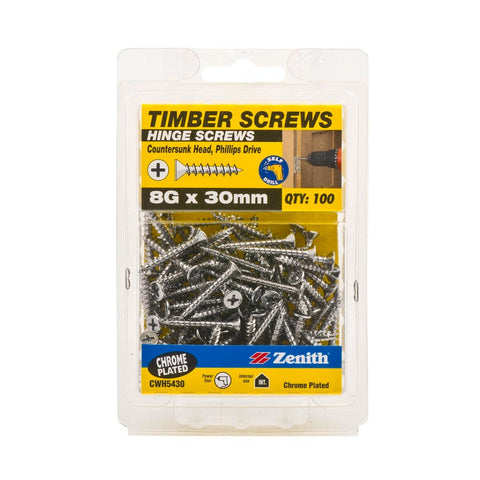 Zenith Timber Screws 8G x 30mm Chrome Plated 100 Pack Flush Finish - SuperSaverAU - view 1