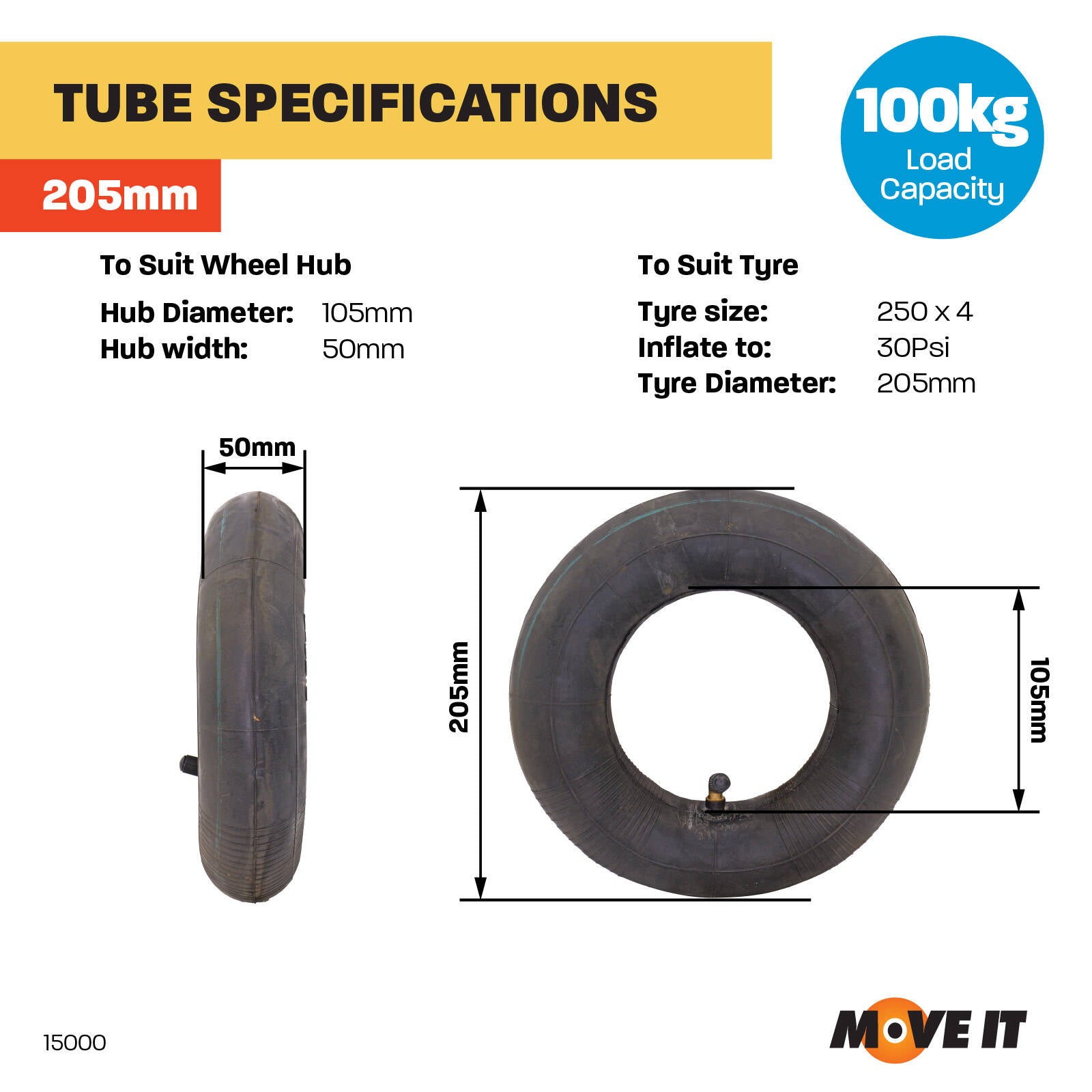 Move It 250 x 4 Replacement Pneumatic Inner Tube, Rubber, 100kg