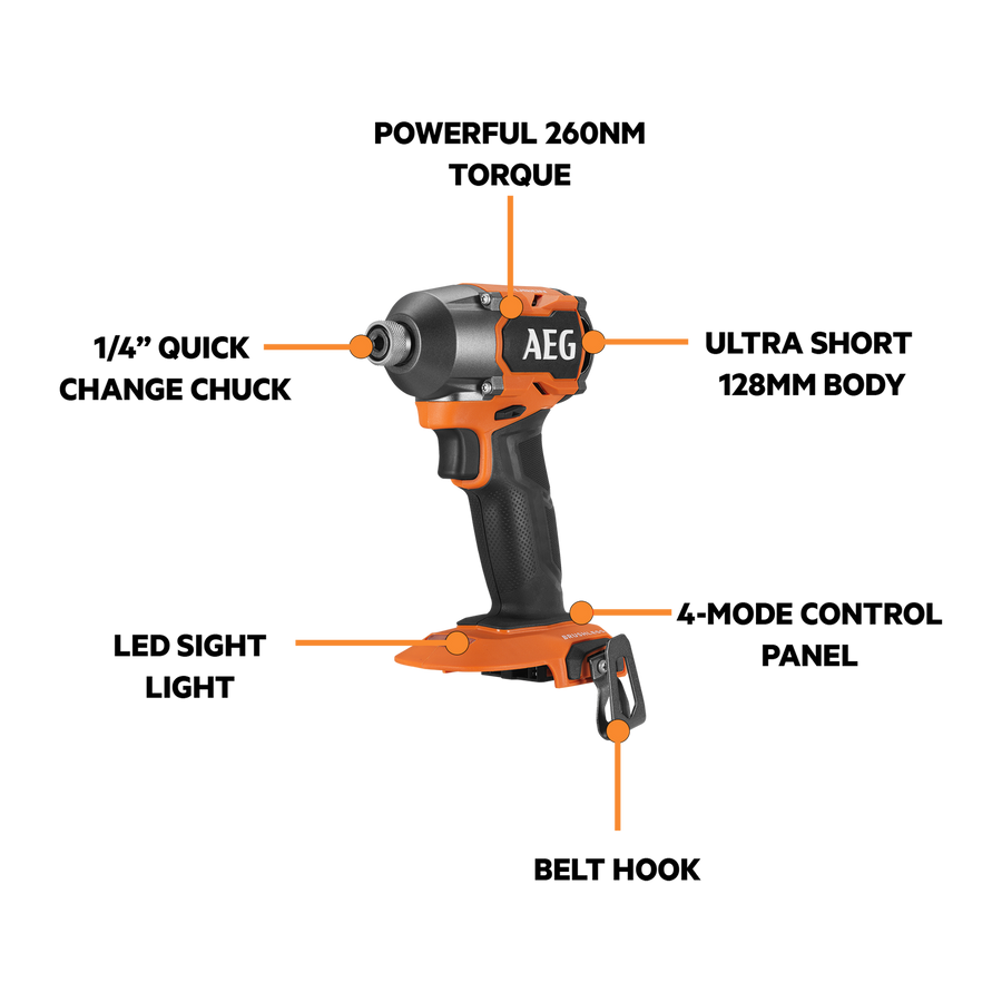 AEG 18V FUSION Brushless 4-Mode Impact Driver 260Nm Skin Only A18FID0