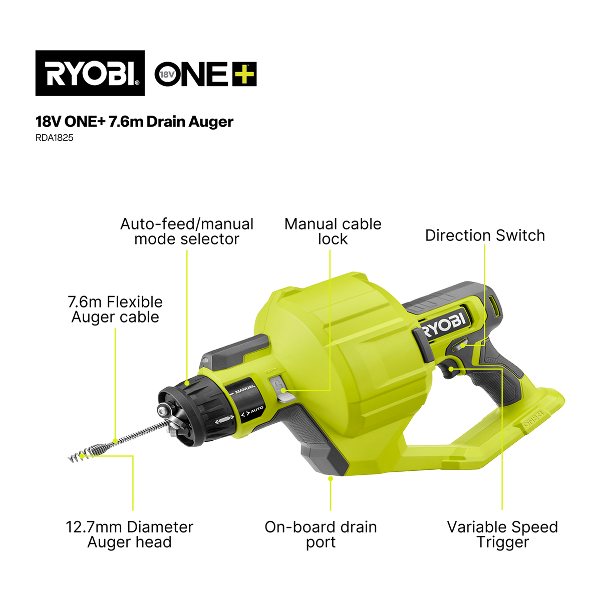 Ryobi 18V One Drain Auger Tool Only - 7.6m Reach - Clears Blockages - SuperSaverAU - view 2