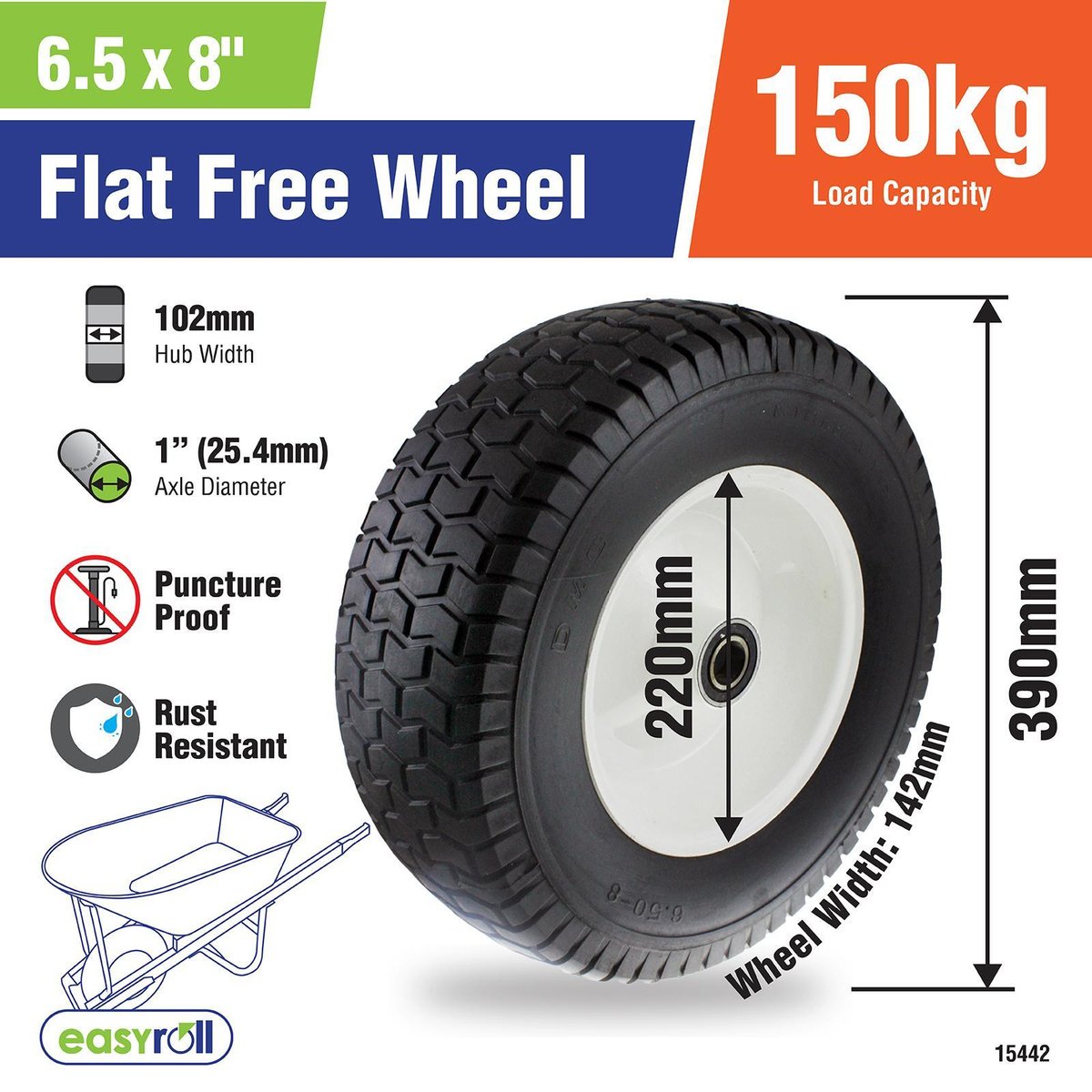 Easyroll Wheelbarrow Wheel - 6.5 x 8 - PU Foam/Steel - Puncture Proof - SuperSaverAU - view 2