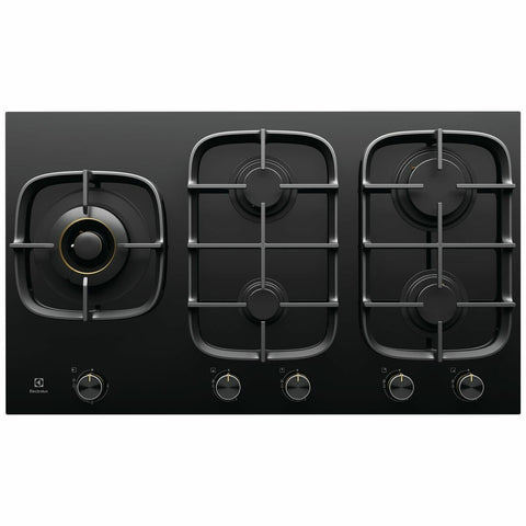 Electrolux 90cm Natural Gas Cooktop - Black Ceramic Glass, 24MJ Wok Burner, One-Step Ignition - EHG955BE