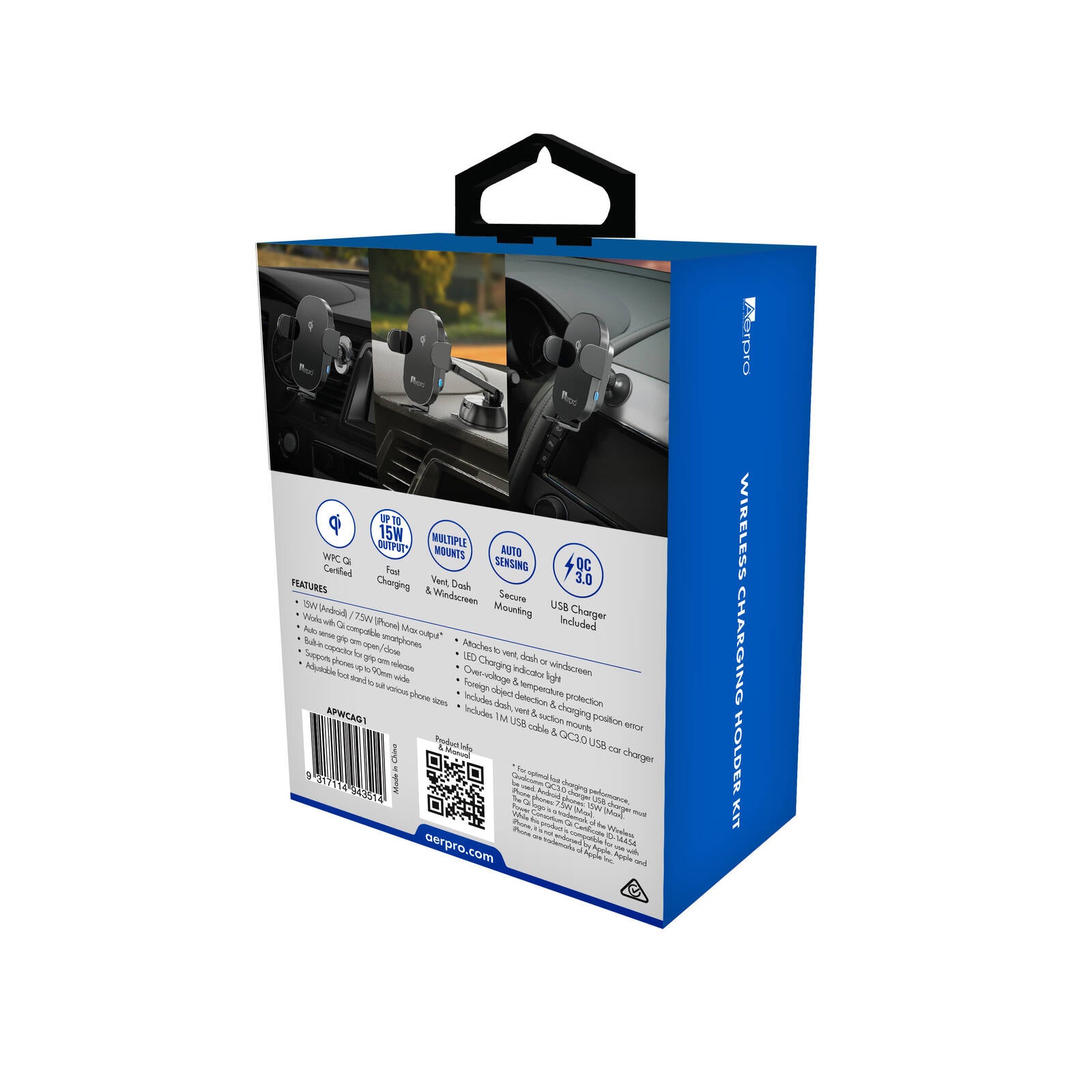Aerpro 15W Wireless QI Charging Smartphone Holder Kit - Black APWCAG1