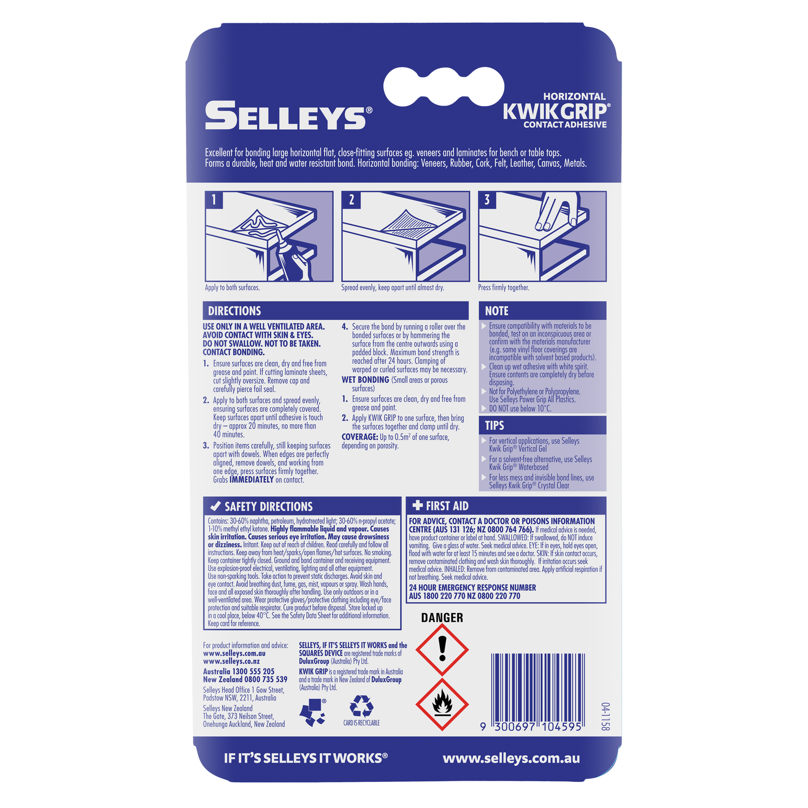 Selleys 100ml Kwik Grip Horizontal Contact Adhesive - Solvent-Based, Instant Bond