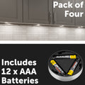 Click Silver LED Puck Lights 4 Pack, Cordless Push-On, Indoor, Self-Adhesive