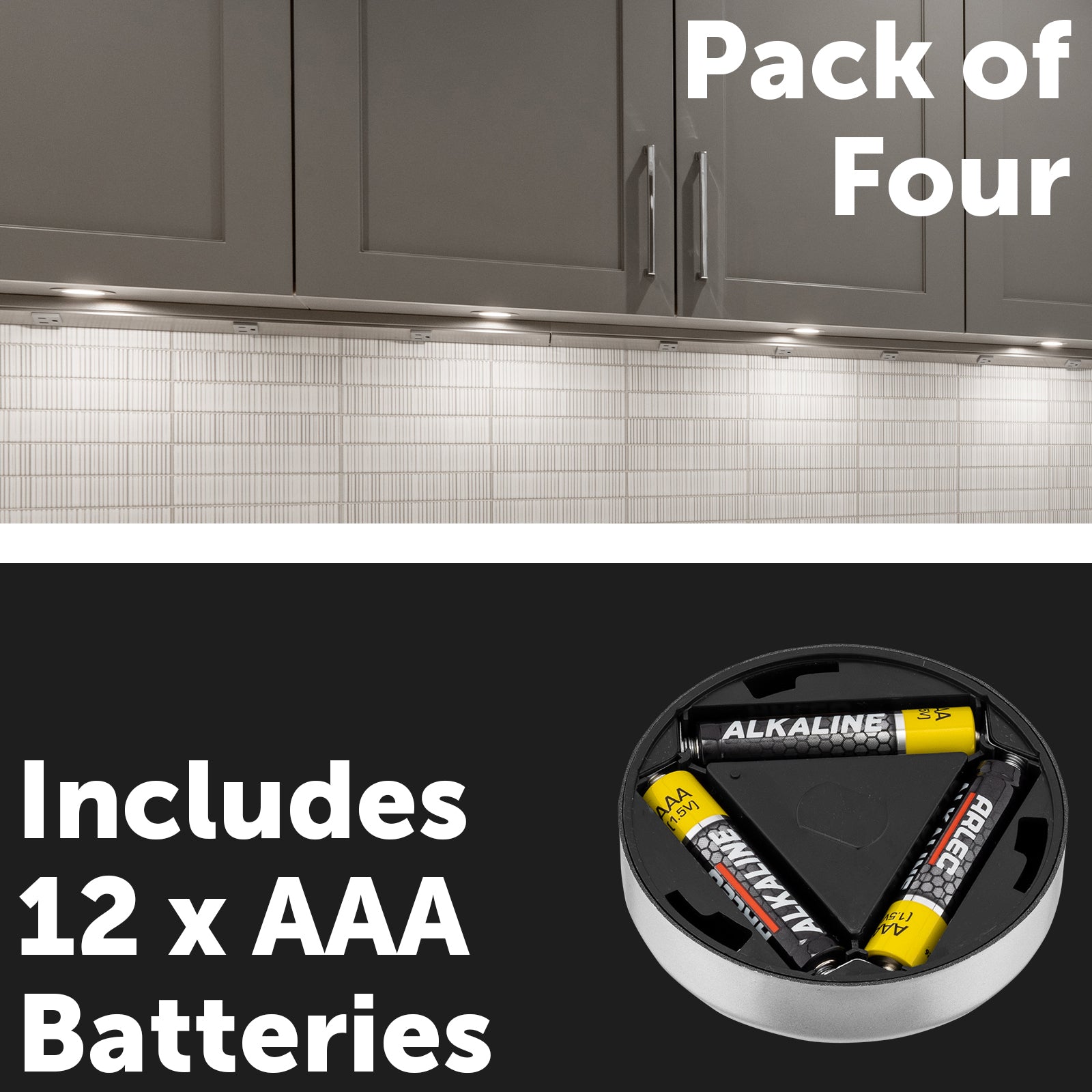 Click Silver LED Puck Lights 4 Pack, Cordless Push-On, Indoor, Self-Adhesive