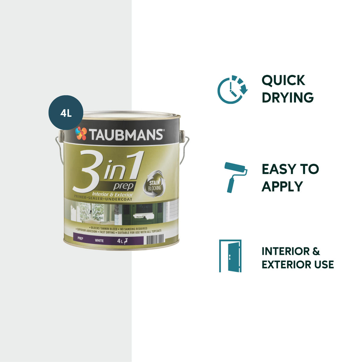 Taubmans 4L White 3 in 1 Primer Undercoat Sealer Paint - Fast Drying - 100% Acrylic - SuperSaverAU - view 2