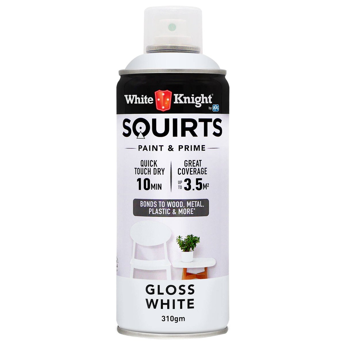 White Knight Squirts Gloss White Spray Paint 310g Quick-Dry Durable - SuperSaverAU - view 1