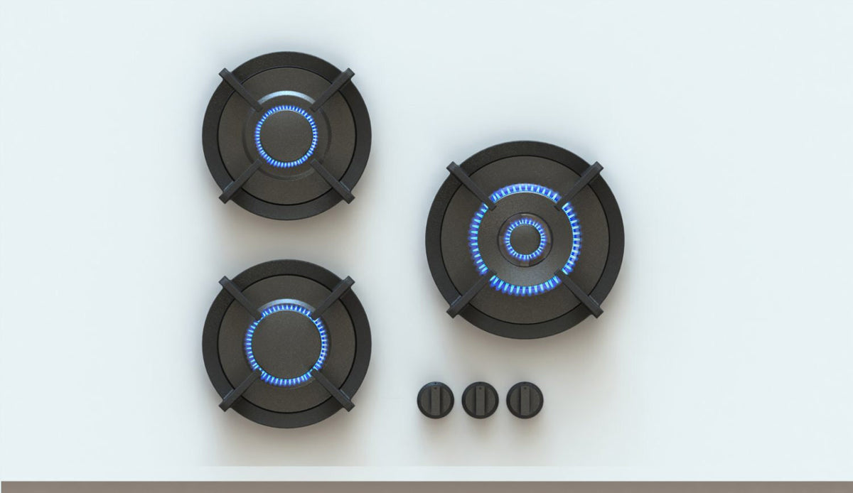 Pitt natural gas cooktop - 3 burners including wok burner - brass finish, cast iron trivets - CAPITAL