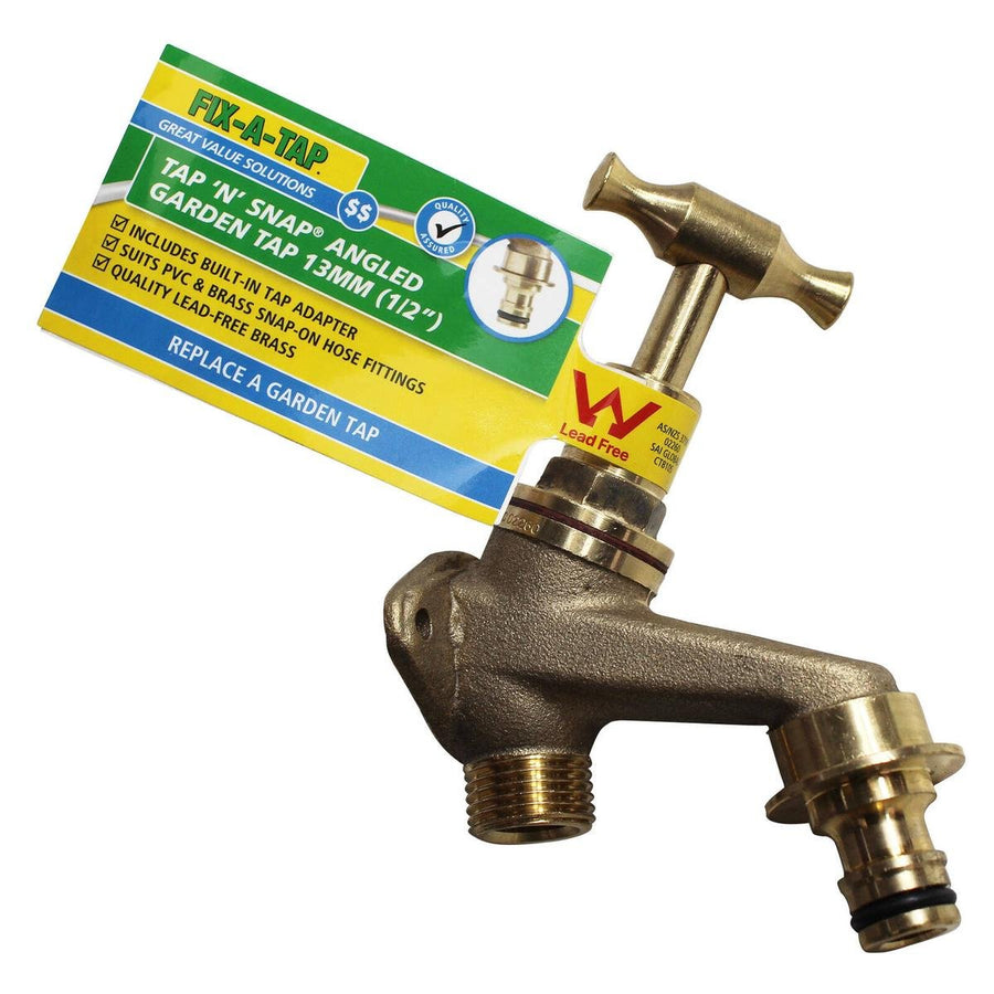 Fix a Tap 13mm Brass Lead Free T Handle Angled Garden Tap N Snap - Durable - Easy Hose Attachment - SuperSaverAU - view 1