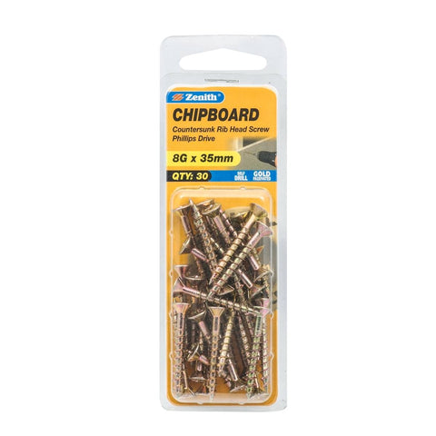 Zenith 8g x 35mm Gold Passivated Chipboard Screw - 30 Pack - Self-Drilling - SuperSaverAU - view 1