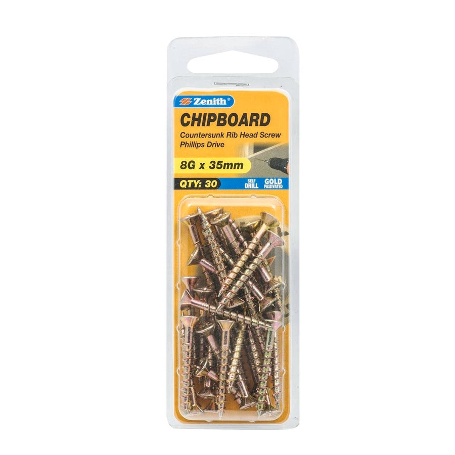 Zenith 8g x 35mm Gold Passivated Chipboard Screw - 30 Pack - Self-Drilling - SuperSaverAU - view 1