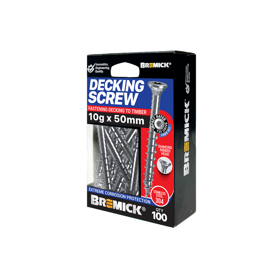 Bremick Decking Screw 10g x 50mm - Spiral Rib T25 - Stainless Steel 304 - 100 Pack - SuperSaverAU - view 1