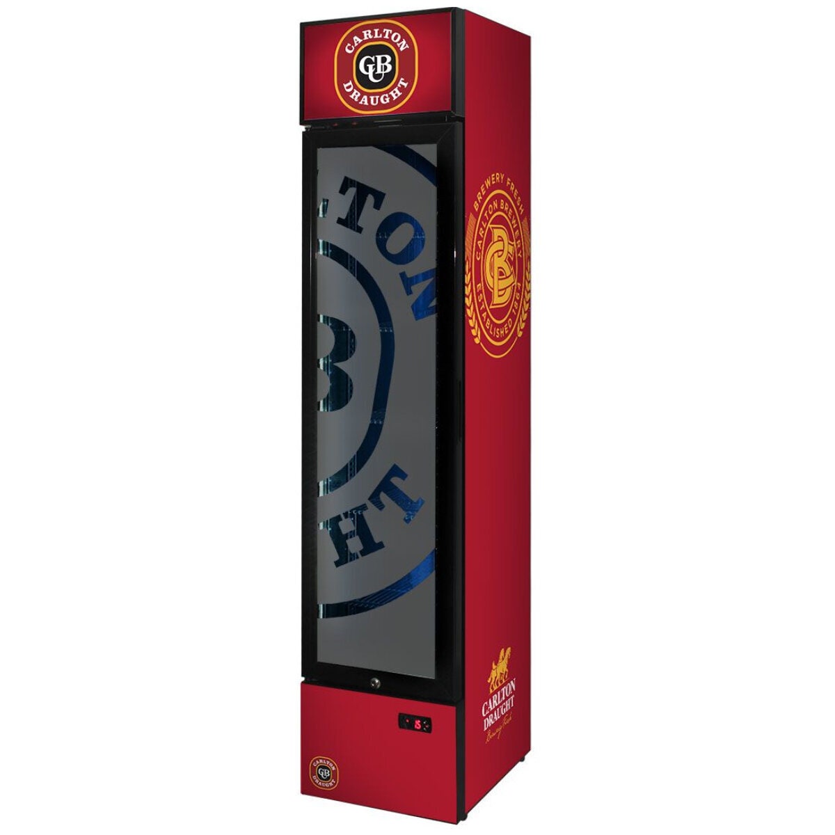 Schmick 160L Carlton Draught Licensed Skinny Upright Bar Fridge - 9 Star, Lockable - SS-P160-DRAUGHT