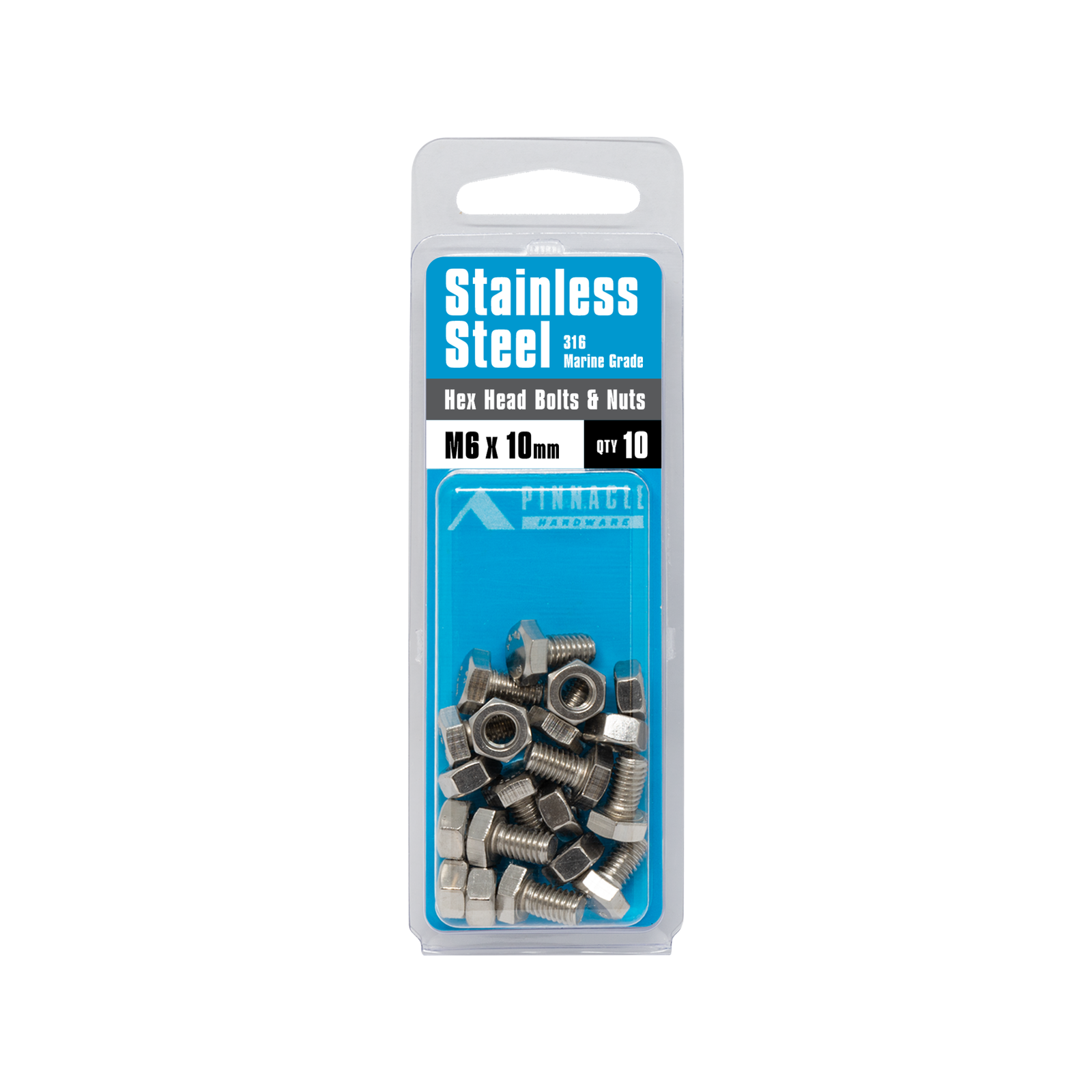 Pinnacle Hardware M6 x 10mm 316 Stainless Steel Hex Head Bolts And Nuts 10 Pack