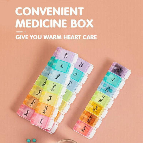 7 Day Weekly Pill Organiser Box with Push Button Rainbow Compartments, Travel Case